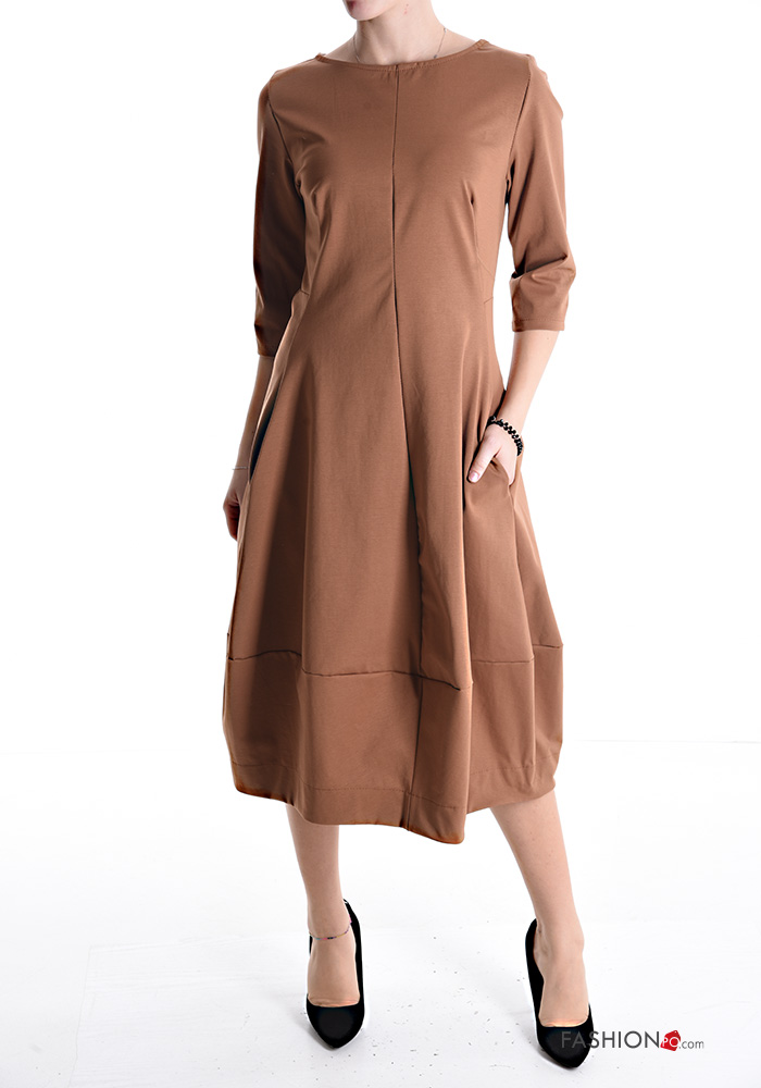  long crew neck Cotton Dress with pockets 3/4 sleeve