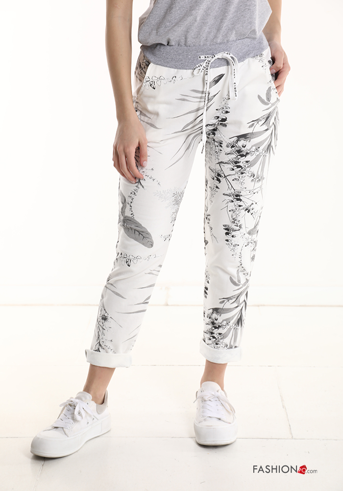  Pantalon en Coton à Imprimé Floral avec poches avec coulisse 