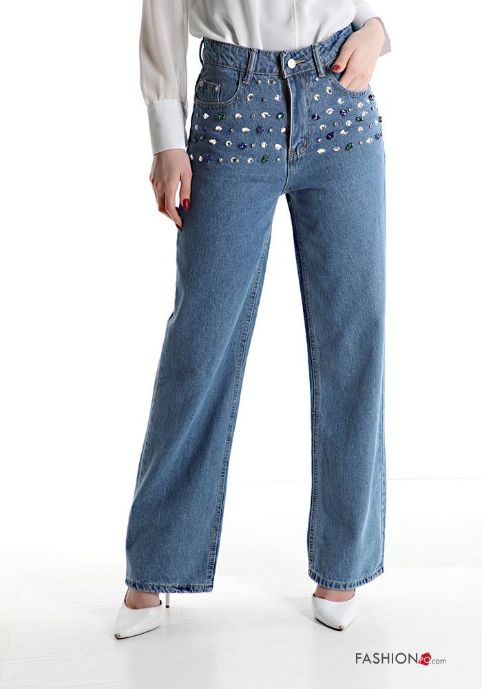  Jeans in Cotone a zampa vita alta con tasche con strass 