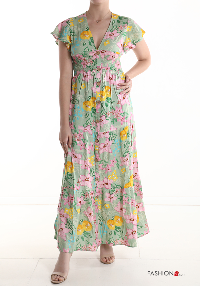  Floral short sleeve long Cotton Dress with flounces with v-neck