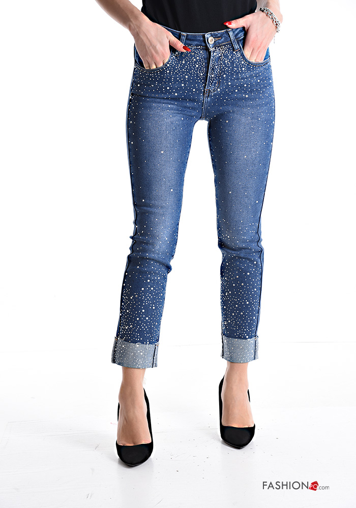  skinny Cotton Jeans with pockets with rhinestones