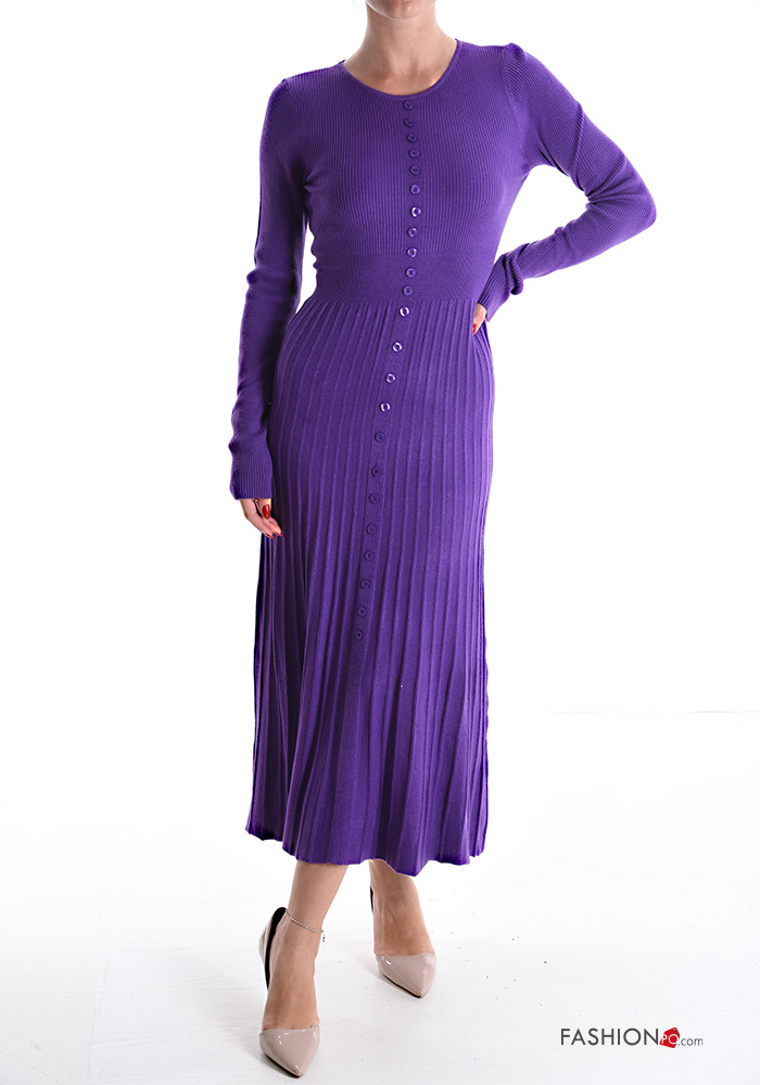  Ribbed long pleated Dress with buttons