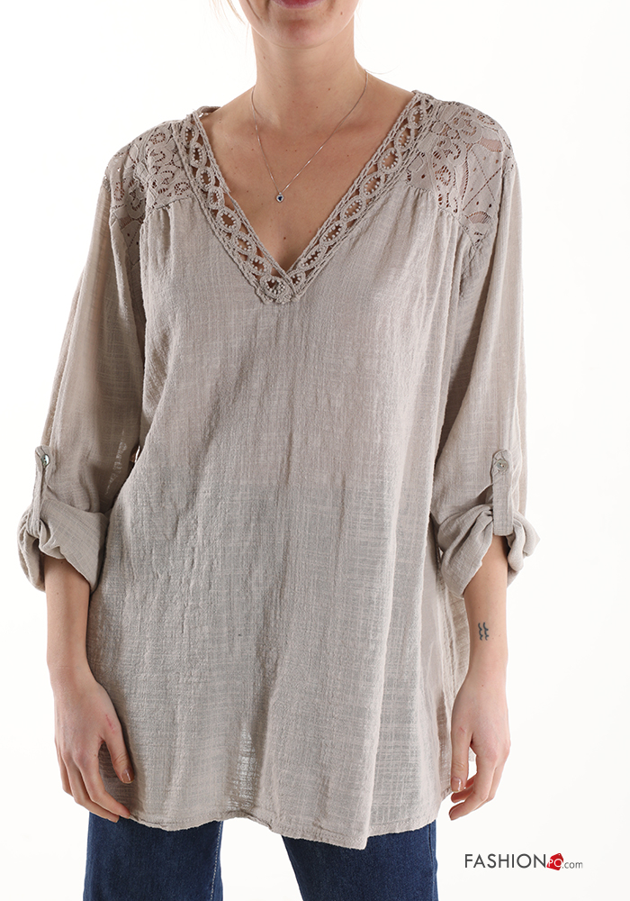  lace trim Cotton Tunic with v-neck 3/4 sleeve