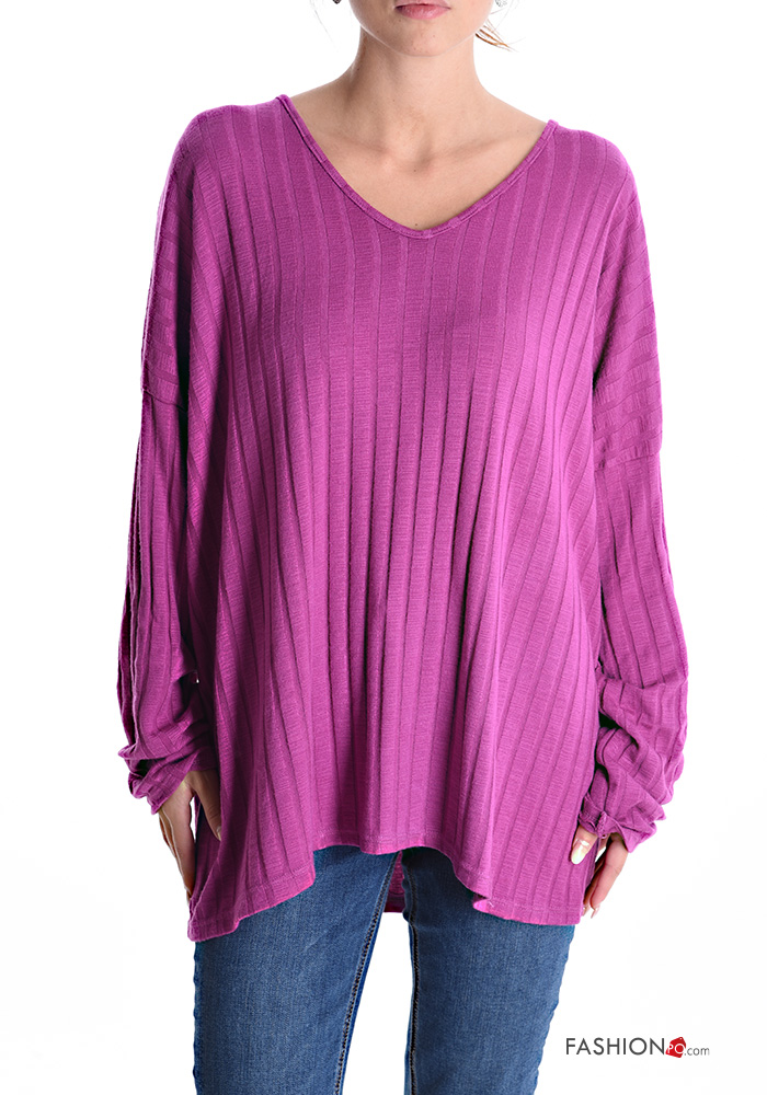  Ribbed Wool Mix Long sleeved top with v-neck