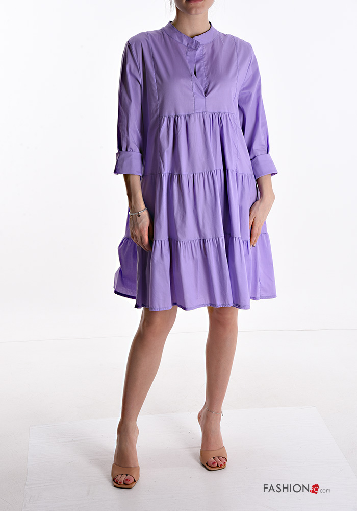  knee-length Cotton Dress with flounces 3/4 sleeve with buttons