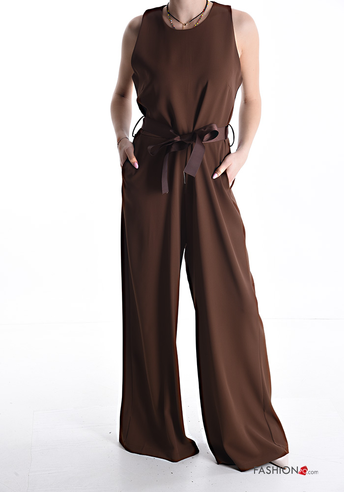  sleeveless wide leg Jumpsuit with pockets with ribbon