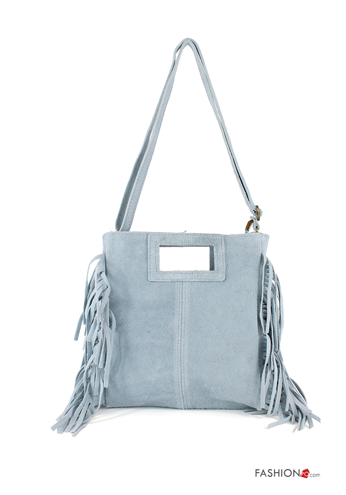 Suede Genuine Leather Bag with zip with shoulder strap with fringes