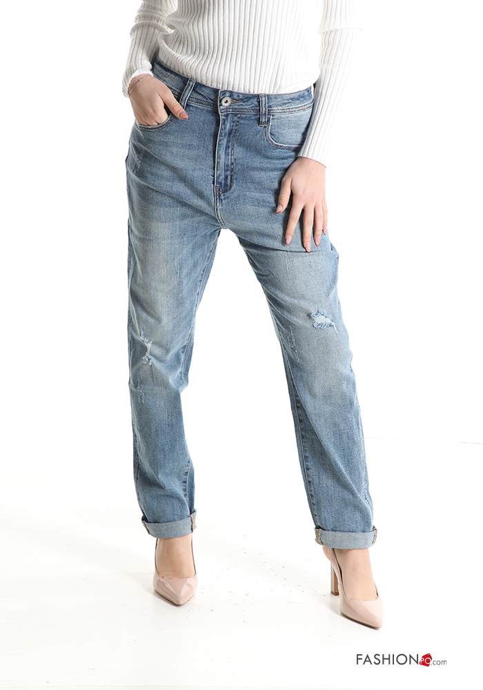  Jeans en Coton sarouel déchiré avec poches 
