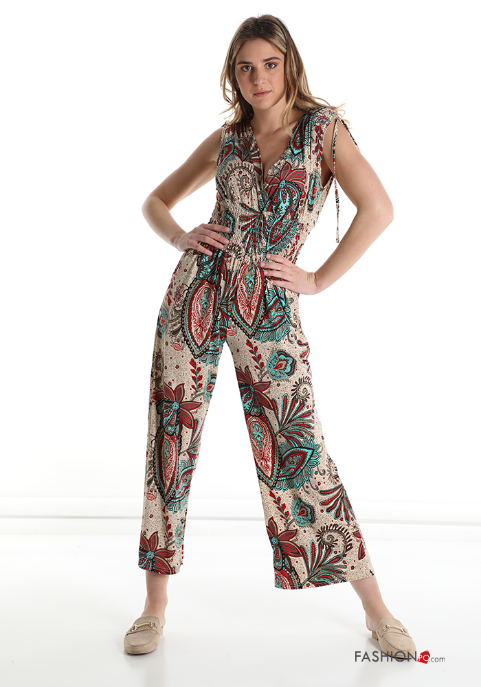  Jacquard print v-neck Jumpsuit with bow