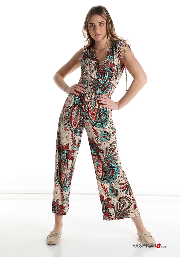 Jacquard print v-neck Jumpsuit with bow 
