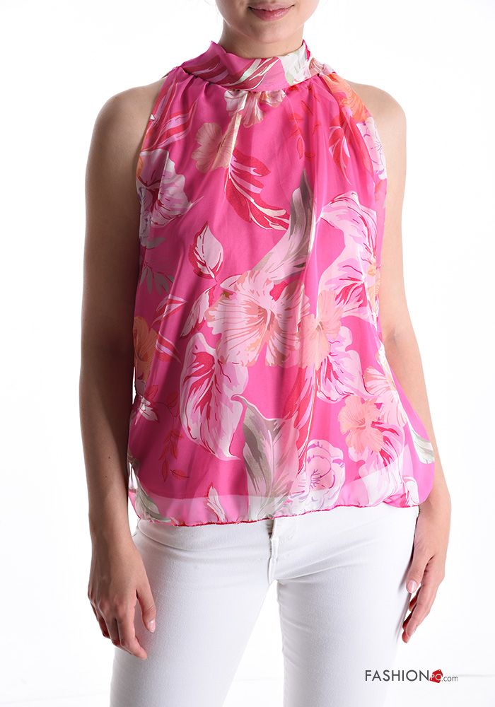  Floral sleeveless Blouse with bow