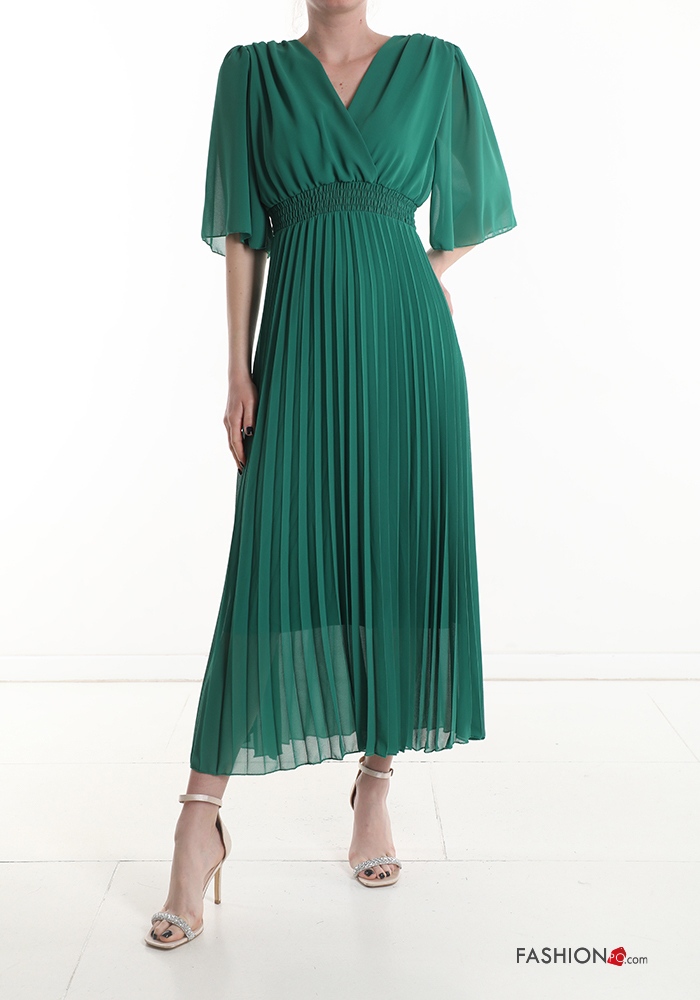 short sleeve long pleated Dress with v-neck | P49230011894 | EN