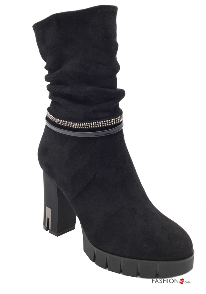  Suede platform Ankle boots with zip with rhinestones