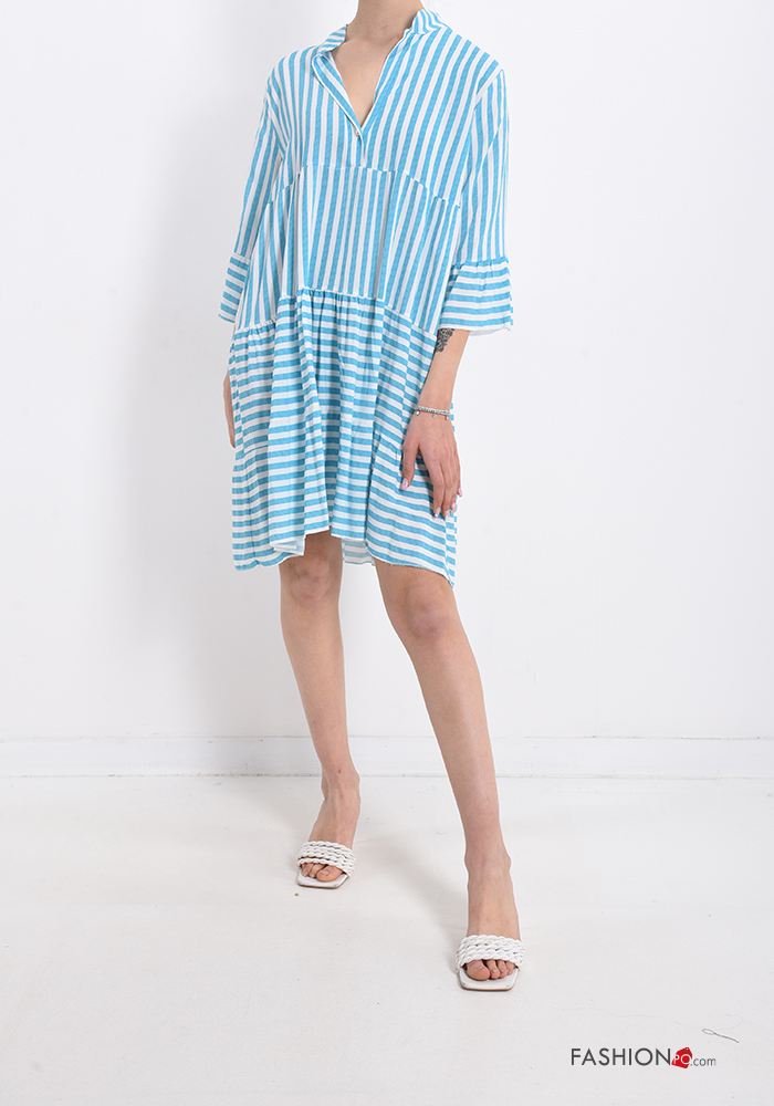  Striped v-neck Dress with flounces with buttons