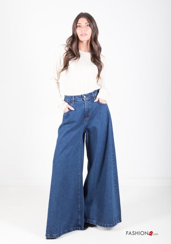  high waist wide leg Cotton Jeans with pockets