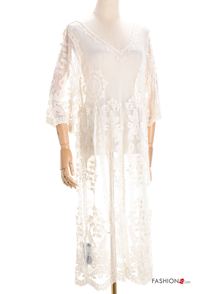  Embroidered long Cover up with v-neck 3/4 sleeve