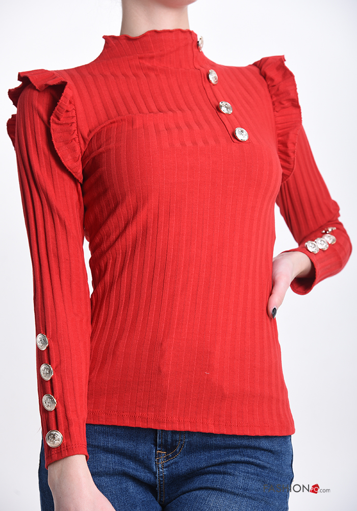  Rollkragen- Langarmshirt aus Baumwolle mit Volants mit Knöpfen