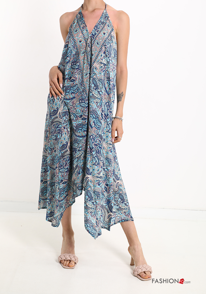  Jacquard print Silk Sleeveless Dress with bow with v-neck