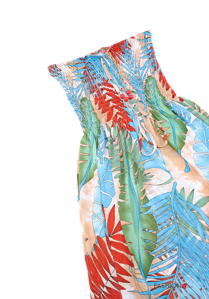  Leaf print sleeveless long Dress with elastic