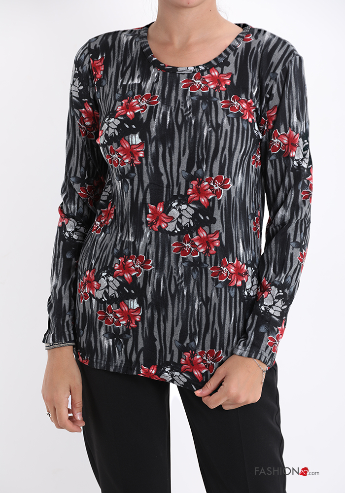 Camiseta de manga larga de Algodón Estampado floral 