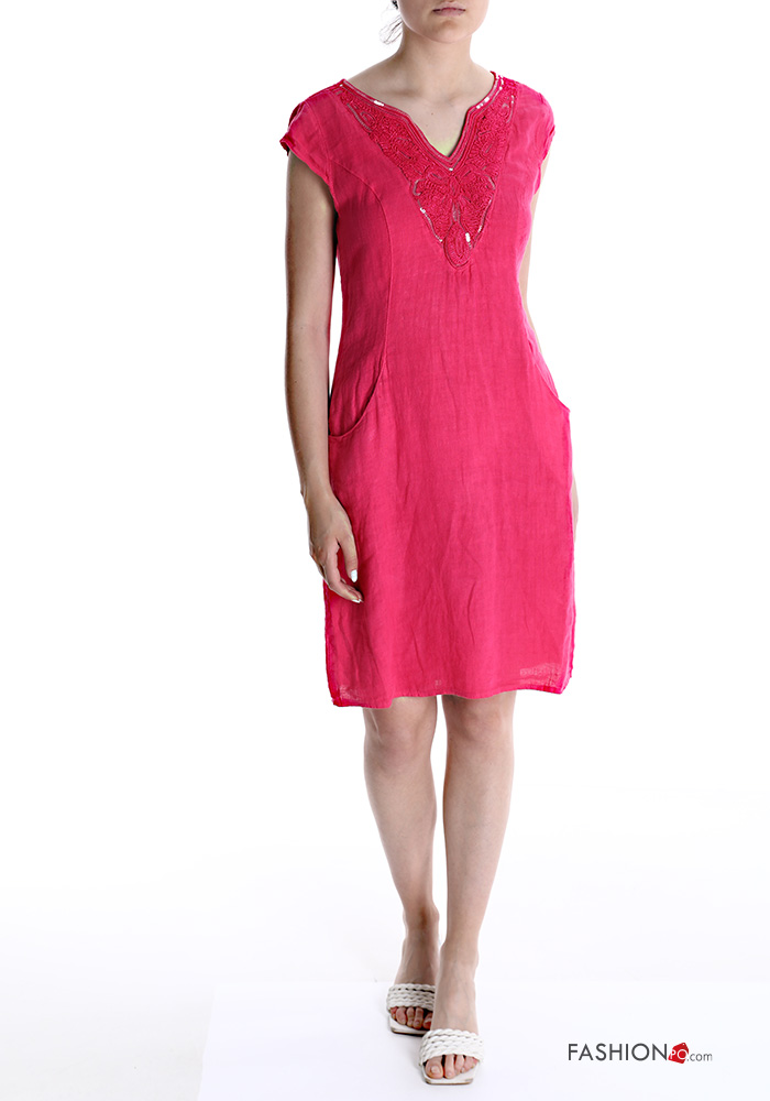  Besticktes Muster V-Ausschnitt Kleid aus Leinen mit Pailletten
