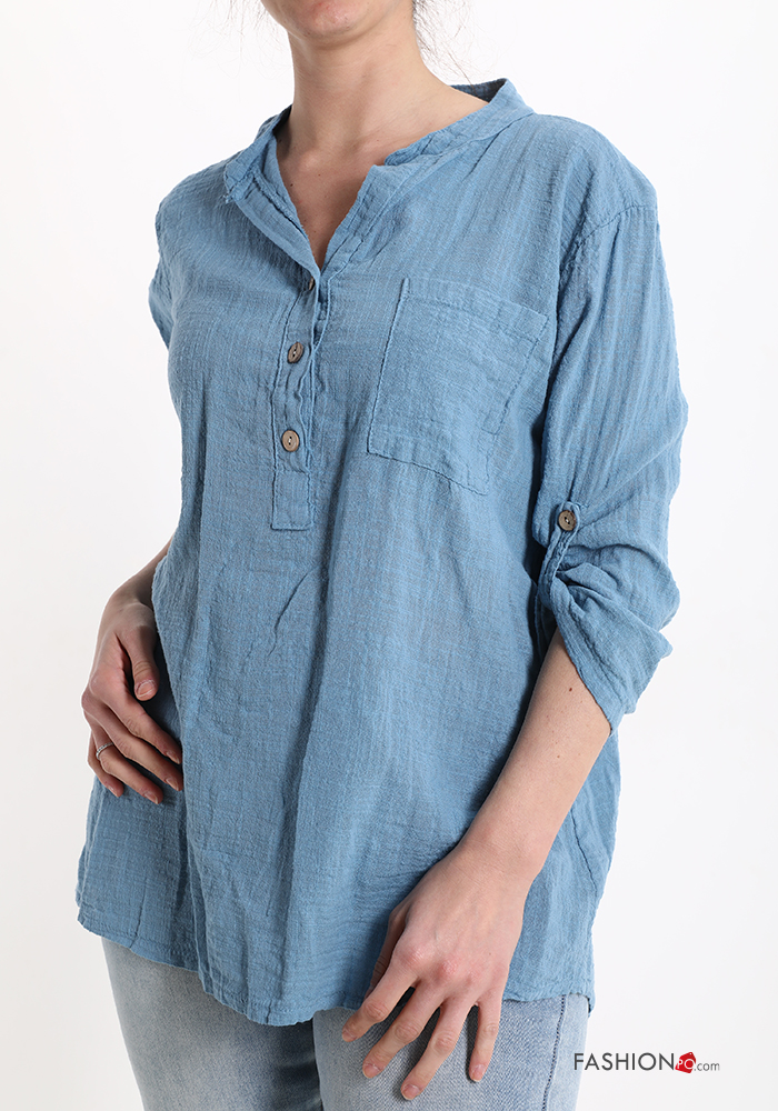  Cotton Blouse with buttons with v-neck with pockets