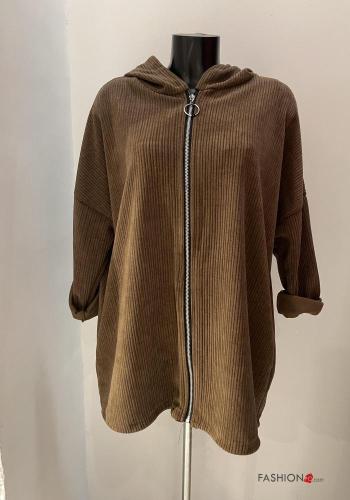  Sweatshirt Côtelé avec poches à capuche avec fermeture éclair  Marron