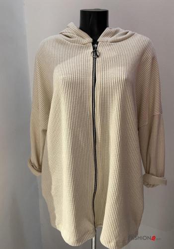  Sweatshirt em jersey canelado com fecho com bolsos com capuz  Linho
