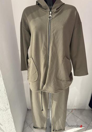  Cotton Sports set with elastic with hood with pockets with zip Military green