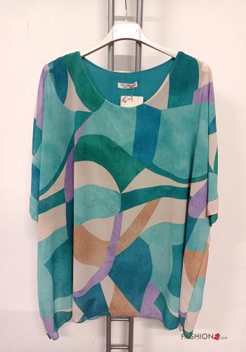  Abstract print Blouse 3/4 sleeve Aqua green