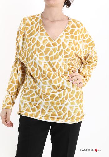  Animal print Long sleeved top with v-neck School bus yellow