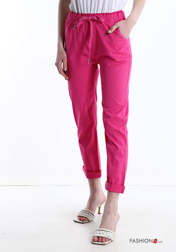  Cotton Trousers with pockets with bow Fucsia