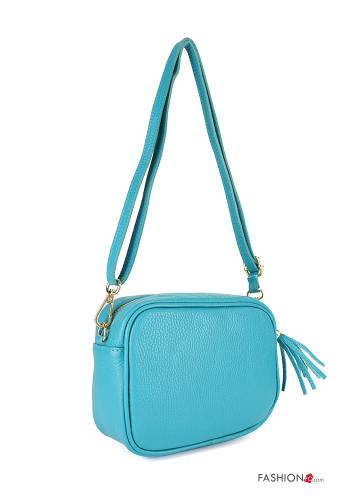  Genuine Leather Bag with zip with shoulder strap with fringes Turquoise