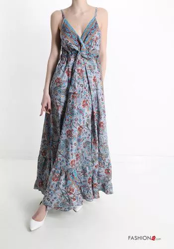  Floral v-neck Sleeveless Dress with flounces