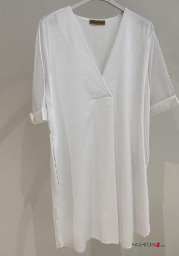  Cotton Dress with pockets with v-neck White