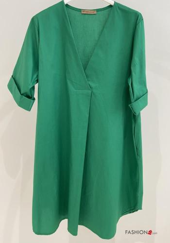  Cotton Dress with pockets with v-neck Bottle green