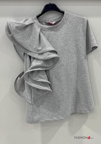  T-shirt em Algodão com folhos  Cinzento claro