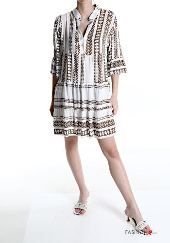  Geometrisches Muster V-Ausschnitt Kleid mit Volants Schlammfarbe