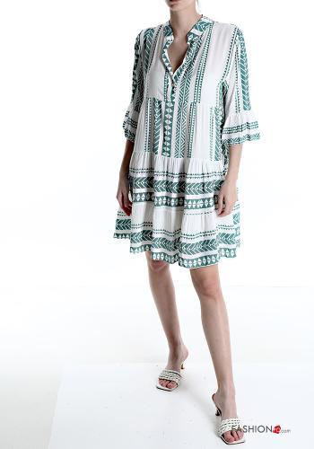  Geometrisches Muster V-Ausschnitt Kleid mit Volants Türkisgrün