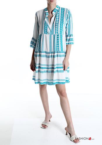  Geometric pattern Dress with flounces with v-neck Turquoise
