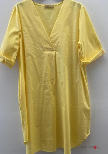  Cotton Dress with pockets with v-neck Yellow