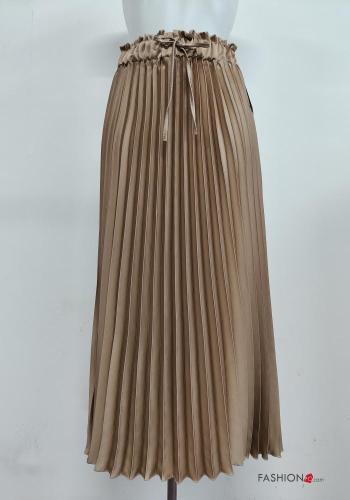  pleated Longuette satin Skirt with bow Camel
