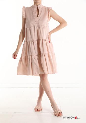  V-Ausschnitt Kleid aus Baumwolle mit Volants Rosa