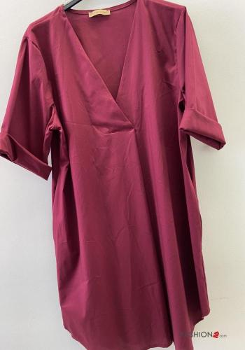  Cotton Dress with pockets with v-neck Carmine