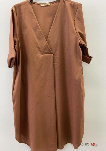  Cotton Dress with pockets with v-neck Dark brown