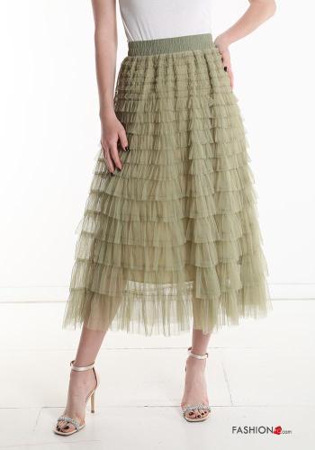  tulle Longuette Cotton Skirt with lining with elastic with flounces Green Asparagus