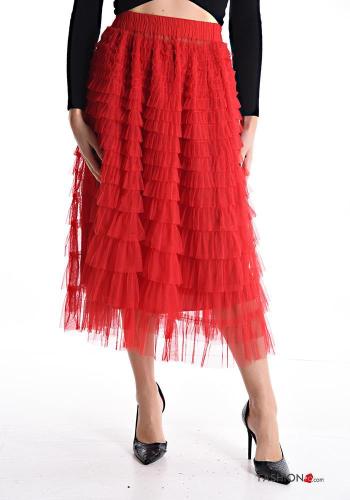  tulle Longuette Cotton Skirt with lining with elastic with flounces Red