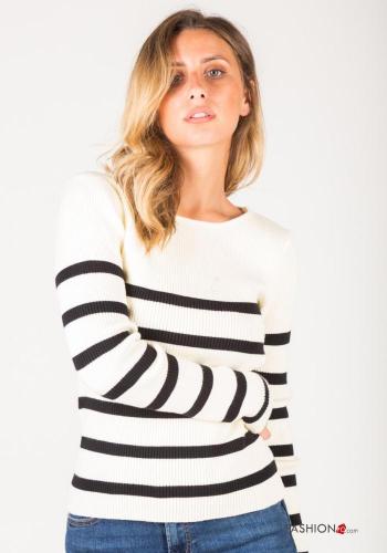  Striped Ribbed Sweater  White