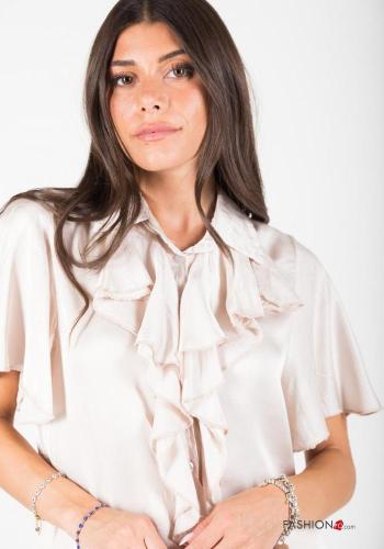  short sleeve Shirt with flounces with v-neck White Cream