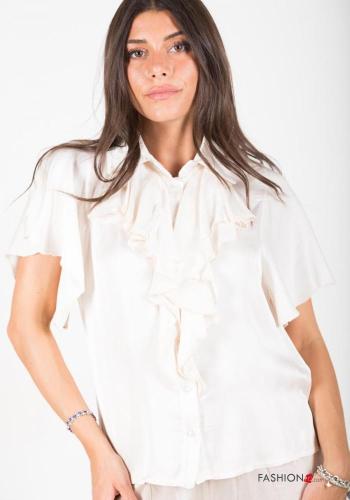  short sleeve Shirt with flounces with v-neck White
